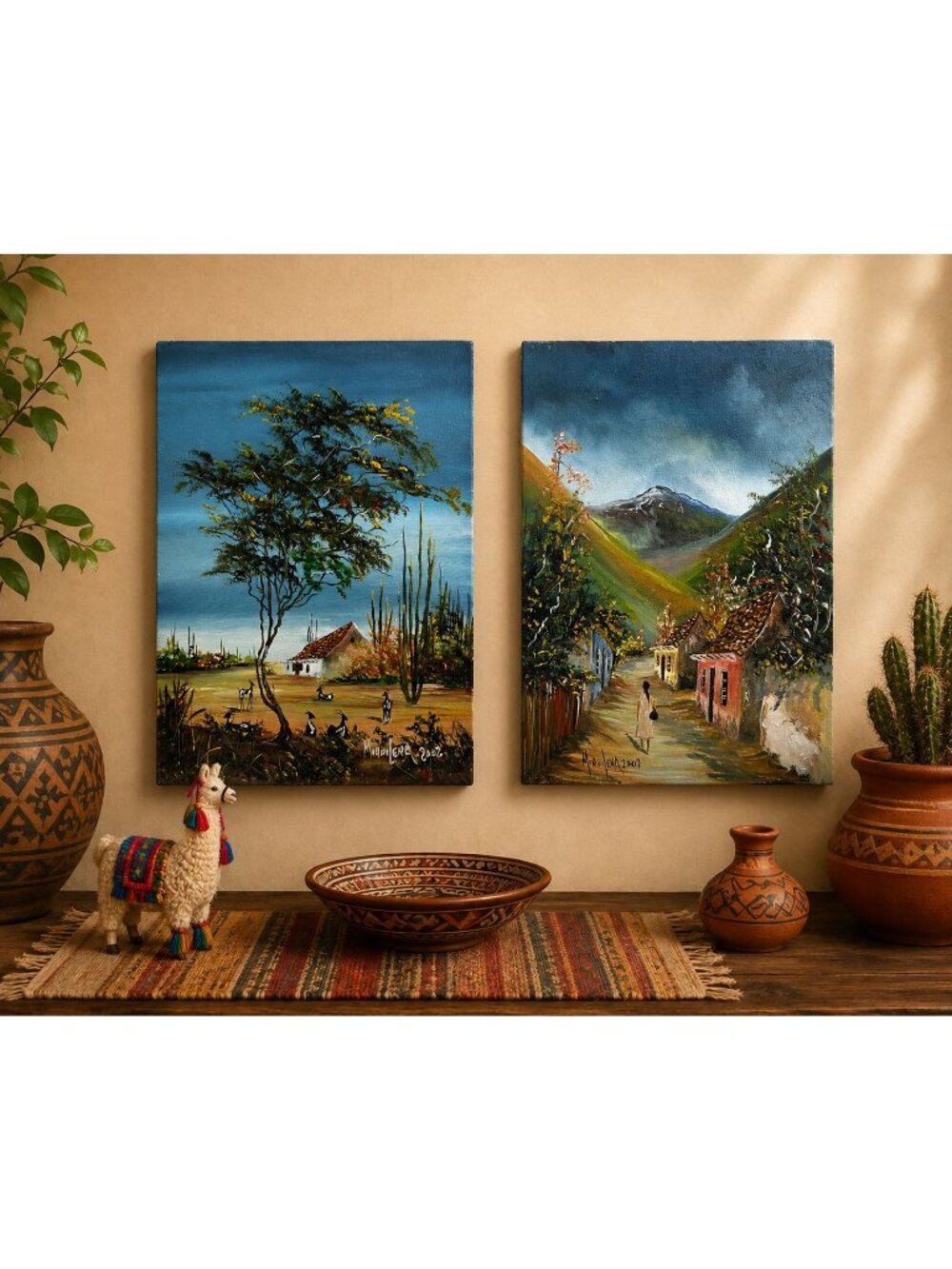 South American Painting Arist Signed Miquilena Original Set of 2